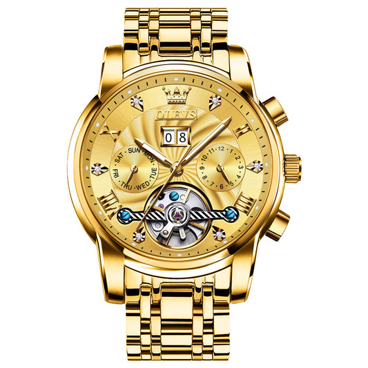 OLEVS 9910 Automatic Watches for Men Gold Luxury Dress Wrist Watch Self Winding Mechanical Skeleton Tourbillon Watch