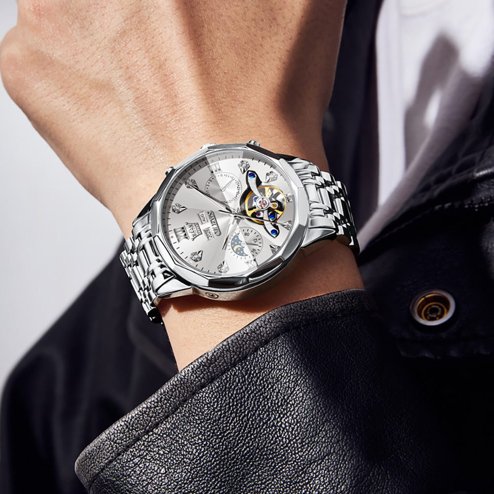 OLEVS 6621Automatic Watches for Men Luxury Dress Waterproof Self Winding Mechanical Moon Phase Chronograph Stainless Steel Luminous Diamond Date Skeleton Tourbillon Wristwatch for Men Reloj Para Hombre