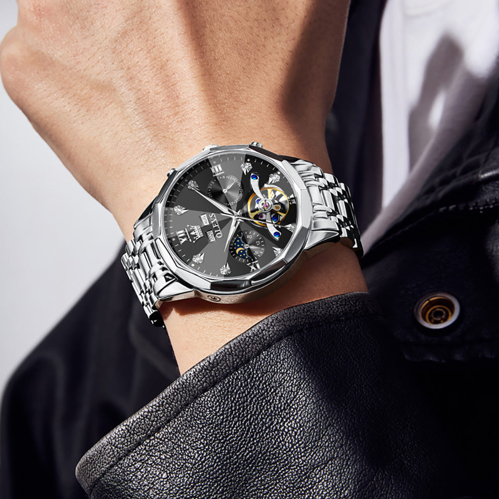 OLEVS 6621Automatic Watches for Men Luxury Dress Waterproof Self Winding Mechanical Moon Phase Chronograph Stainless Steel Luminous Diamond Date Skeleton Tourbillon Wristwatch for Men Reloj Para Hombre