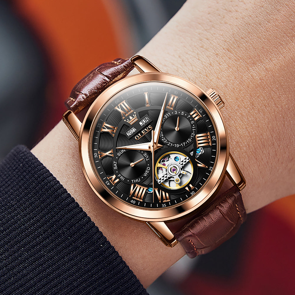 OLEVS 6668 Automatic Watches for Men Self Winding Mechanical Skeleton Flywheel Multifunction Luxury Dress Roma Rumerals Calendar Waterproof Luminous Mens Wrist Watches Reloj Para Hombre Brown Black Leather Strap