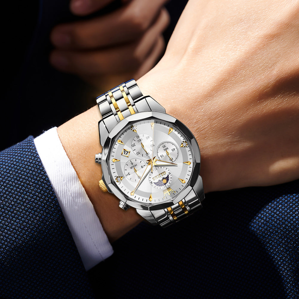 OLEVS 3673 Watches For Men Business Dress Luxury Casual Chronograph Multifunction Analog Quartz Stainless Steel Waterproof Luminous Moon Phase Date Men Wrist Watches Reloj Para Hombre White Dial