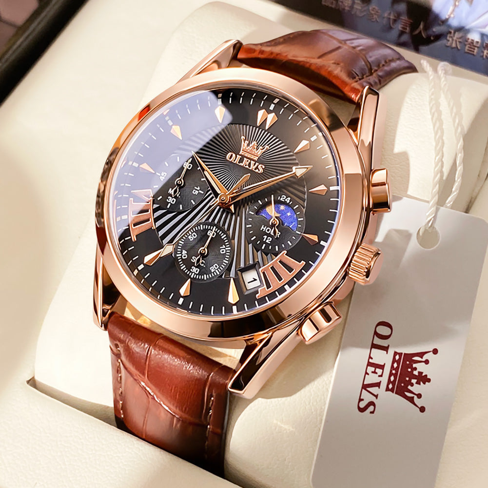 OLEVS 2876 Men  Watch Brown Leather Classic Analog Quartz Watch Week Date Casual Luminous Black/Blue/White Dial 3ATM Waterproof Wrist Watch