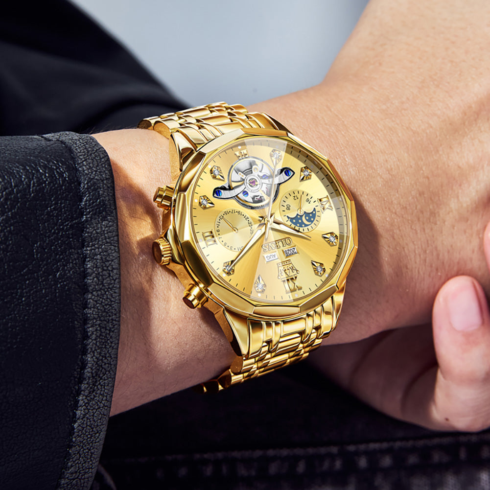 OLEVS 6621Automatic Watches for Men Luxury Dress Waterproof Self Winding Mechanical Moon Phase Chronograph Stainless Steel Luminous Diamond Date Skeleton Tourbillon Wristwatch for Men Reloj Para Hombre