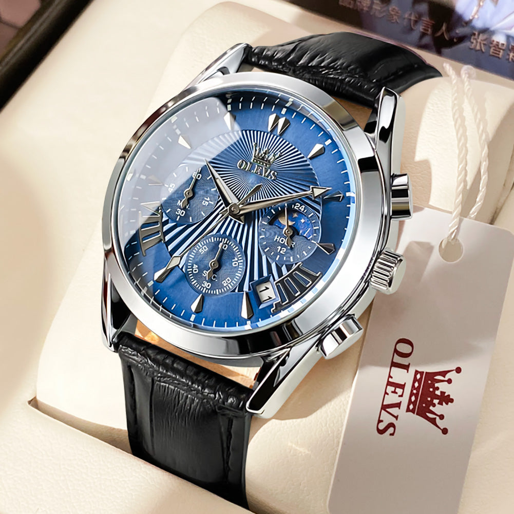 OLEVS 2876 Men  Watch Brown Leather Classic Analog Quartz Watch Week Date Casual Luminous Black/Blue/White Dial 3ATM Waterproof Wrist Watch