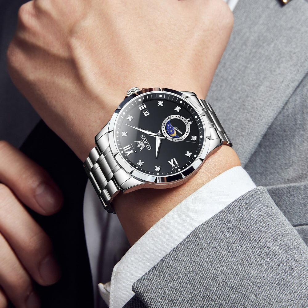 OLEVS 2956 Watches for Men Diamond Business Dress Casual Analog Moon Phase Calendar Quartz Stainless Steel Waterproof Luminous Date Men Wrist Watches Reloj Para Hombre White Dial
