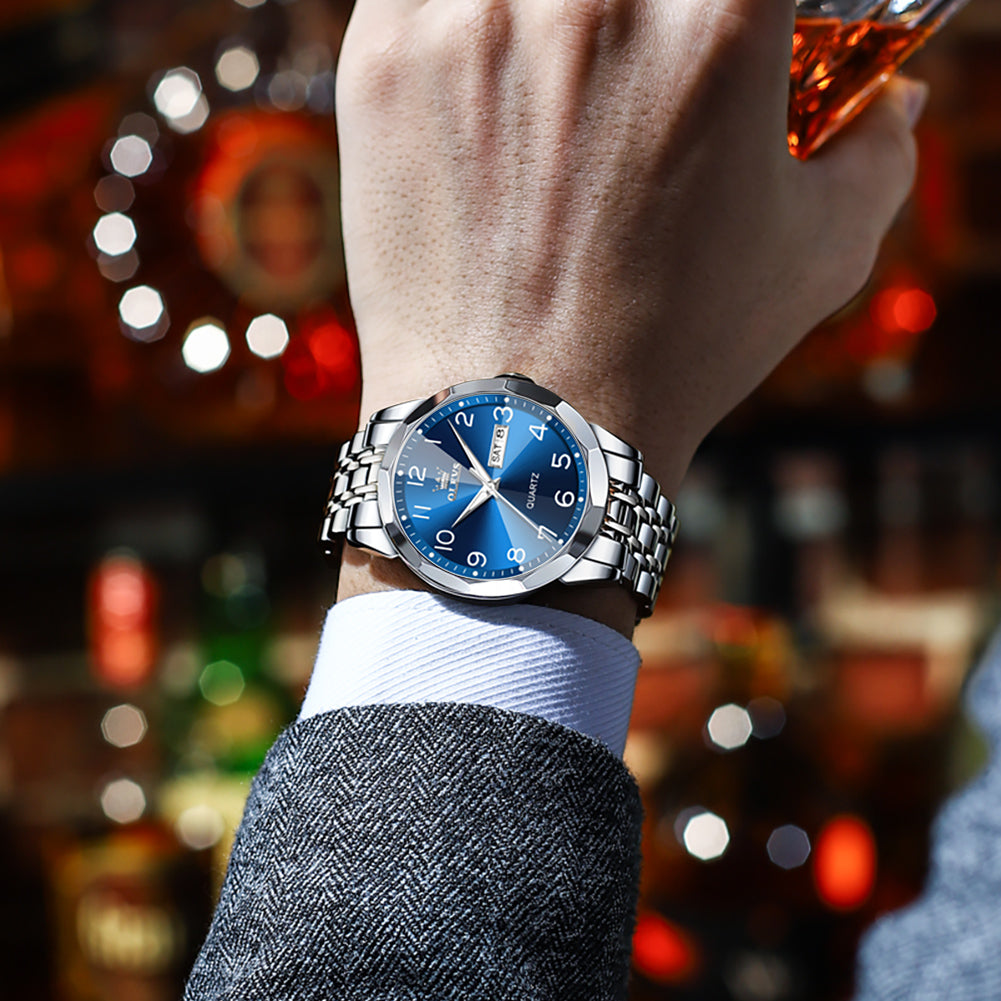 OLEVS 9970 Watches for men  Business Dress Luxury Casual Analog Quartz Stainless Steel Waterproof Luminous Date Men Wrist Watches reloj para hombre  Blue Dial