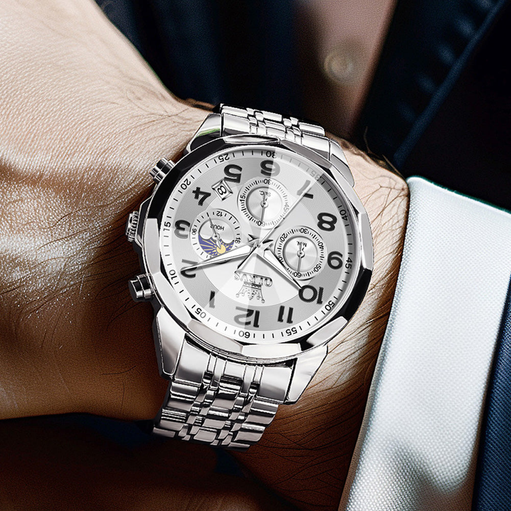 OLEVS  3676 Chronograph Watches for Men Business Dress Analog Quartz Gold Plated Stainless Steel Moon Phase Waterproof Luminous Date Luxury Mens Wrist Watches Reloj Para Hombre