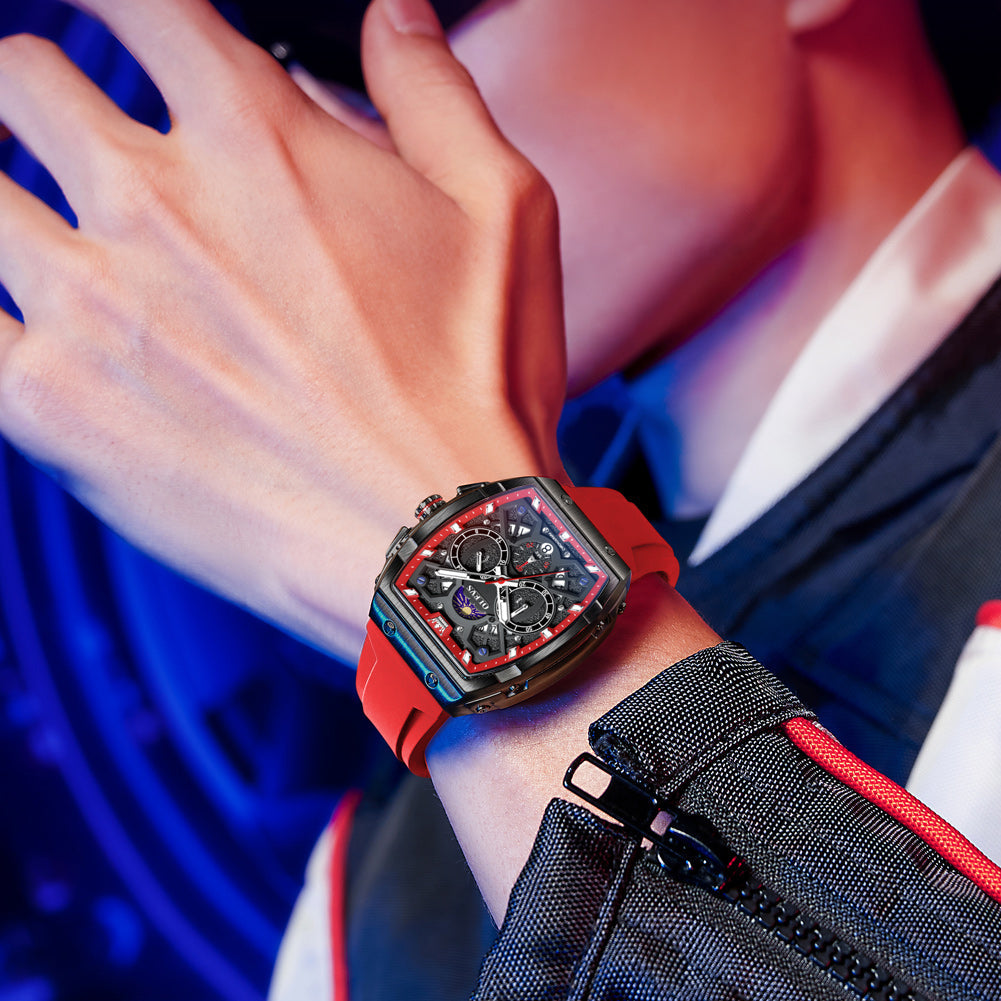 OLEVS 2942 Watches for Men Chronograph Waterproof Luxury Dress Quartz Silicon Strap Multifunction Moon Phase Calendar Luminous Men Wrist Watches Reloj Para Hombre Black/Red