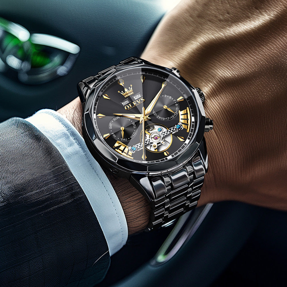 OLEVS 6619 Automatic Watches for Men Luxury Dress Waterproof Self Winding Mechanical Chronograph Diamond Stainless Steel Luminous Date Skeleton Tourbillon Mens Watches Gift Reloj Para Hombre