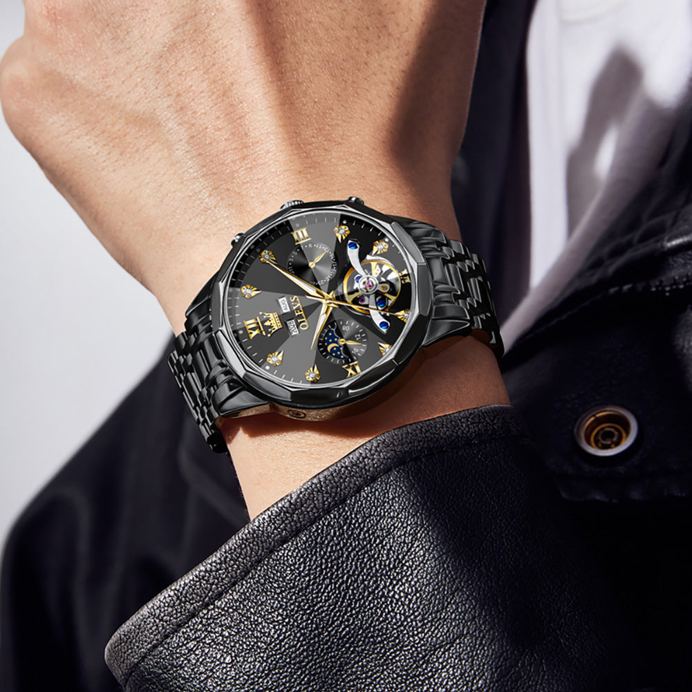 OLEVS 6621Automatic Watches for Men Luxury Dress Waterproof Self Winding Mechanical Moon Phase Chronograph Stainless Steel Luminous Diamond Date Skeleton Tourbillon Wristwatch for Men Reloj Para Hombre