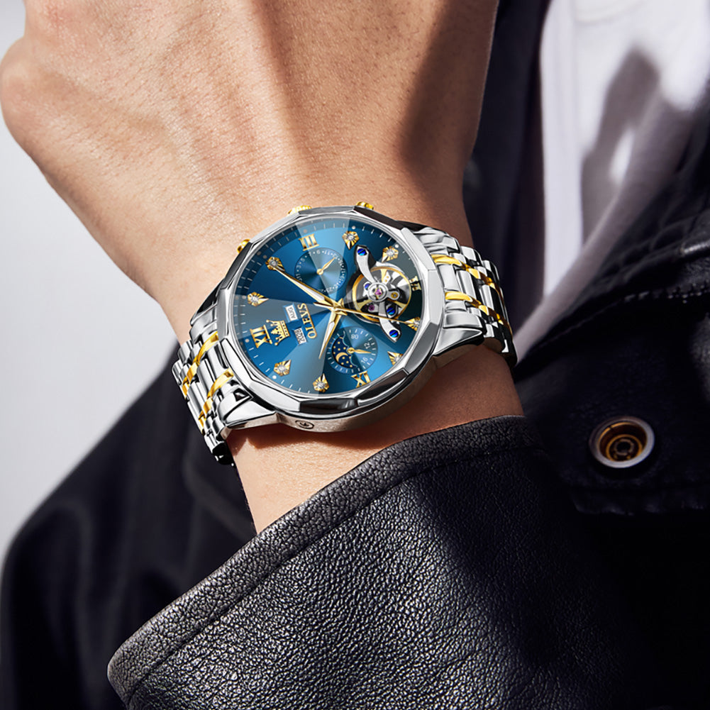 OLEVS 6621Automatic Watches for Men Luxury Dress Waterproof Self Winding Mechanical Moon Phase Chronograph Stainless Steel Luminous Diamond Date Skeleton Tourbillon Wristwatch for Men Reloj Para Hombre