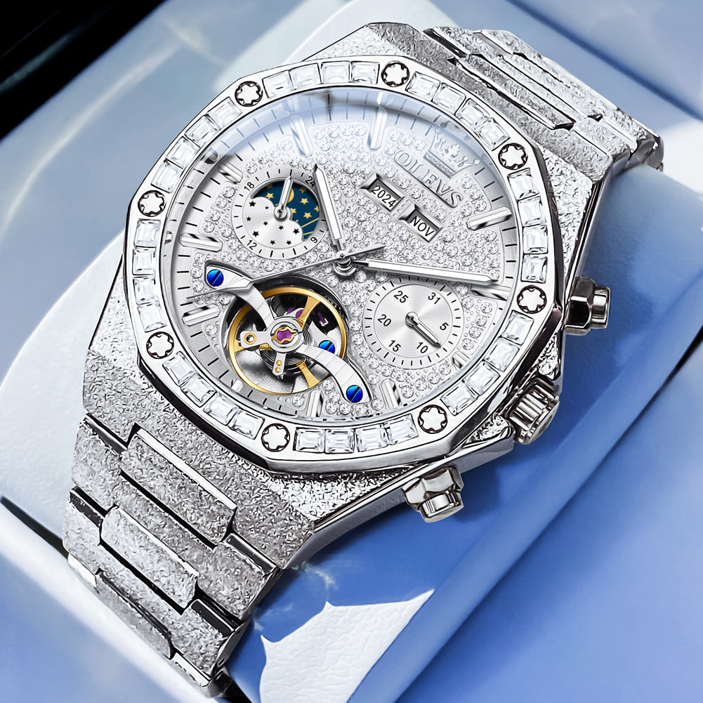 OLEVS 9805 Automatic Mens Watches Self Winding Mechanical Business Diamond Luxury Dress Stainless Steel Waterproof Luminous Wrist Watch