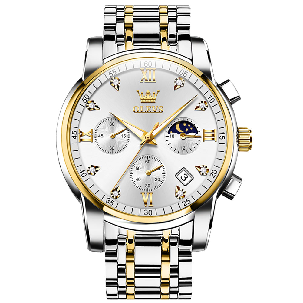 OLEVS 2858 Men's Watch, Business Chronograph Formal Stainless Steel Watch, Pointer Quartz Waterproof Luminous Men's Watch, Black and Blue Tone Stylish Holiday Gift