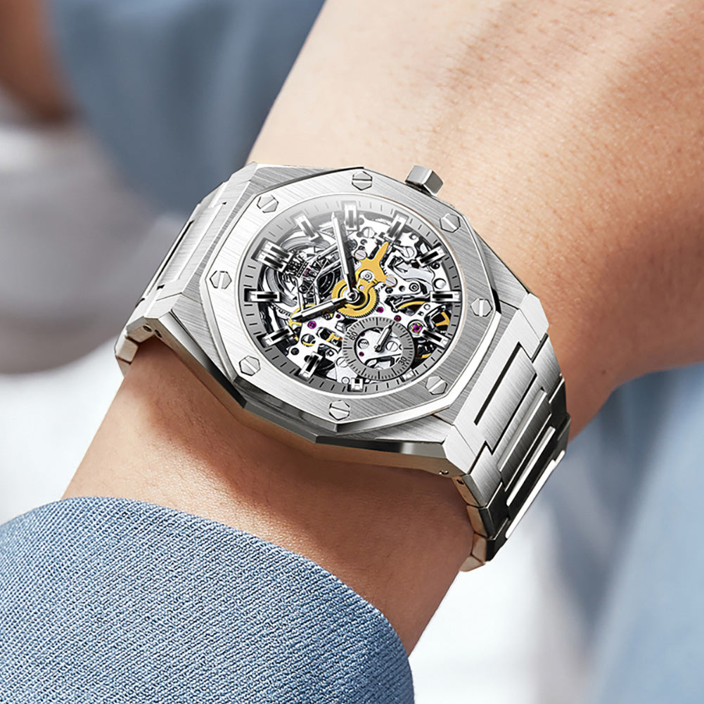 OLEVS 6669 Automatic Watches for Men Self Winding Mechanical Skeleton Luxury Dress Stainless Steel Waterproof Luminous Mens Wrist Watches Reloj Para Hombre