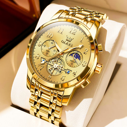 OLEVS 2900 Men's Quartz Watch with Numerals, 24-Hour and Moon Phase Sub-Dials, Chronograph, Perfect Gift