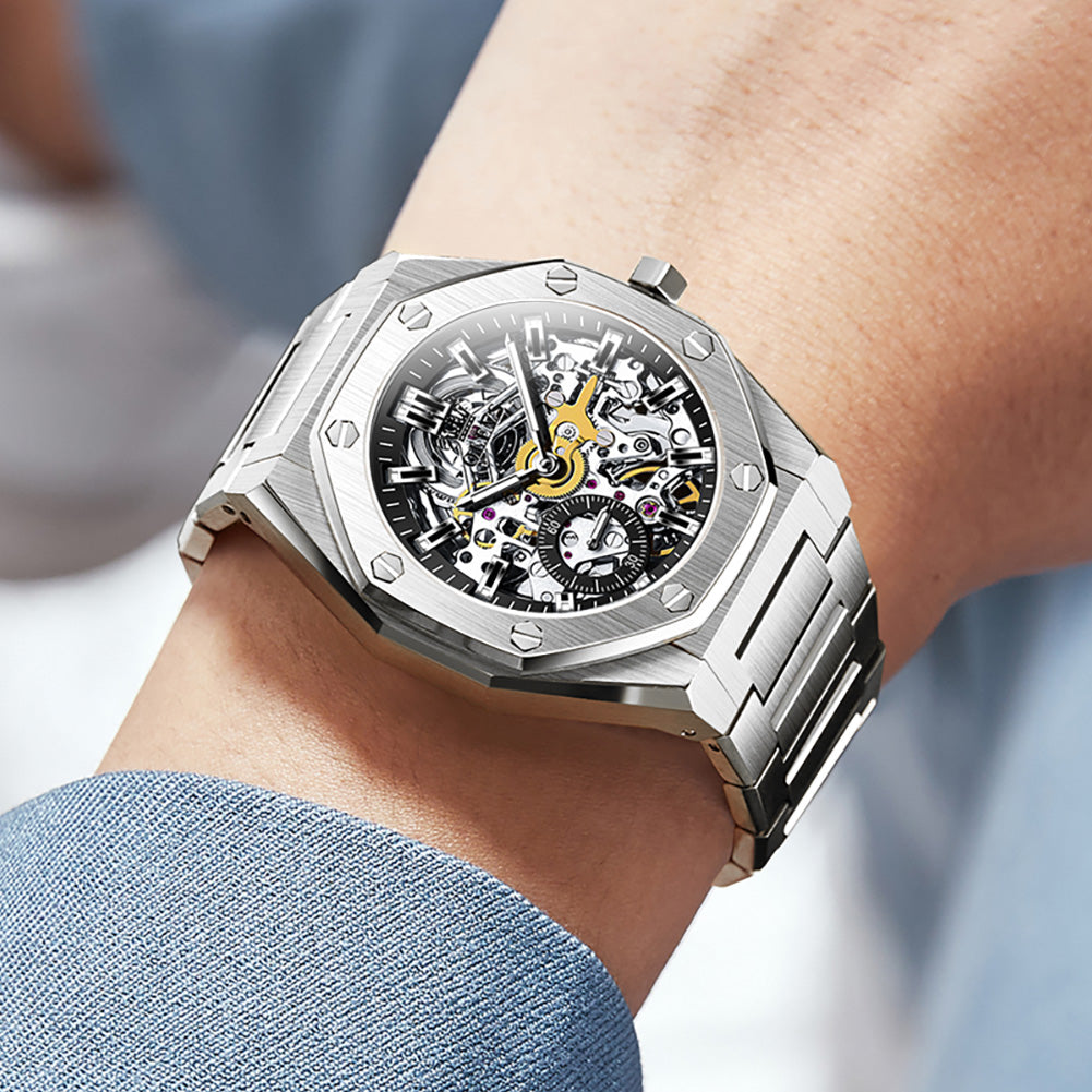 OLEVS 6669 Automatic Watches for Men Self Winding Mechanical Skeleton Luxury Dress Stainless Steel Waterproof Luminous Mens Wrist Watches Reloj Para Hombre