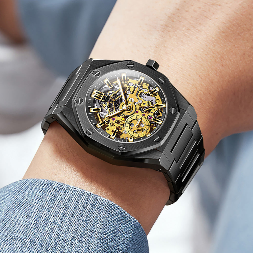 OLEVS 6669 Automatic Watches for Men Self Winding Mechanical Skeleton Luxury Dress Stainless Steel Waterproof Luminous Mens Wrist Watches Reloj Para Hombre