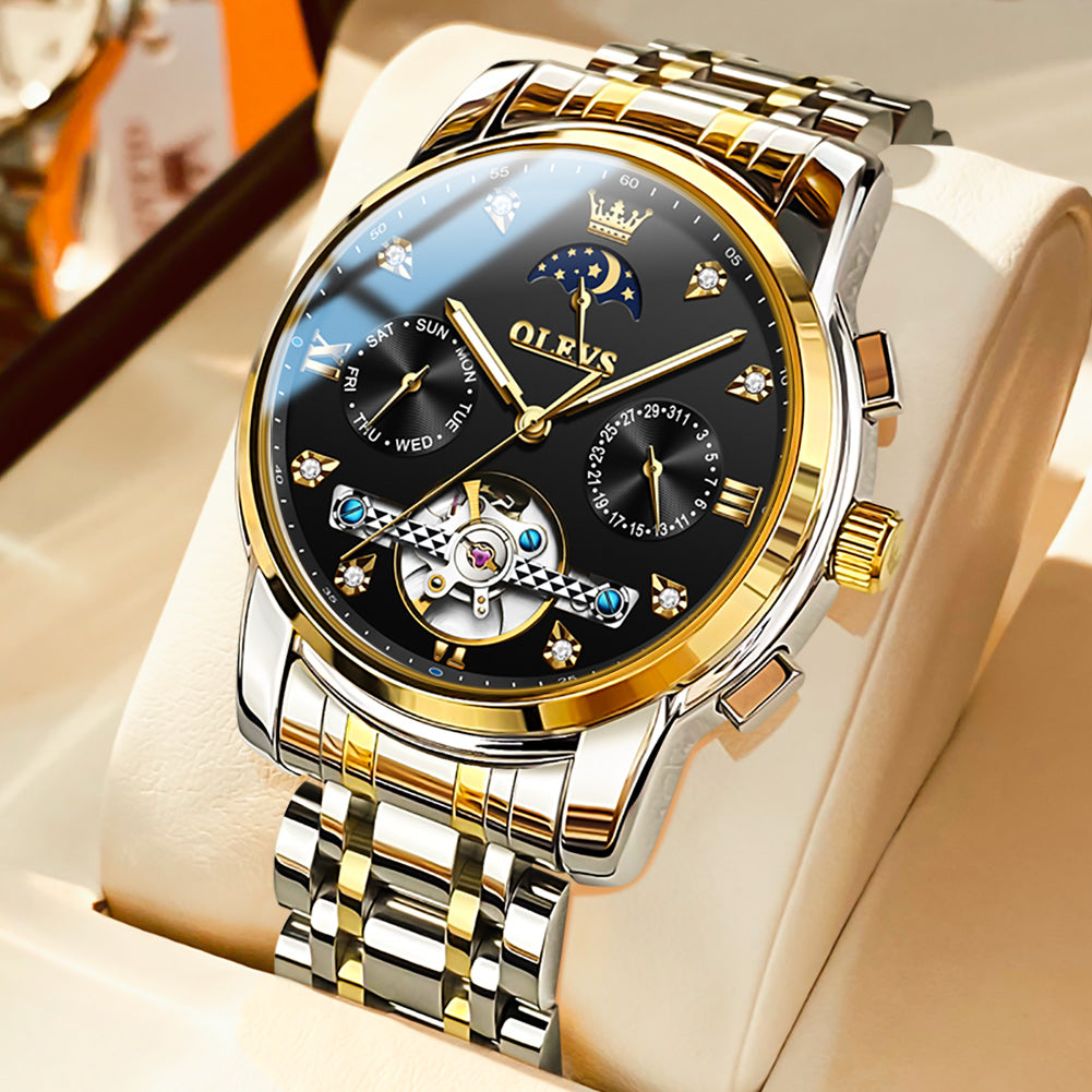 OLEVS 6678 Automatic Watches for Men Gold Luxury Dress Wrist Watch Self Winding Mechanical Skeleton Tourbillon Watch