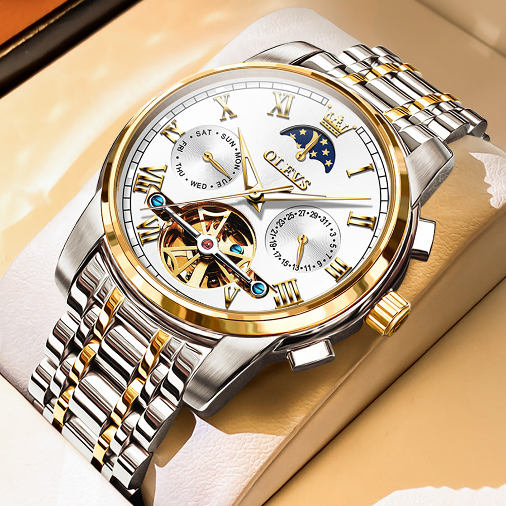 OLEVS 6617 Mens Automatic Watches Skeleton Tourbillon Mechanical Self Winding Luxury Dress Wrist Watch Waterproof Luminous Watch Gifts