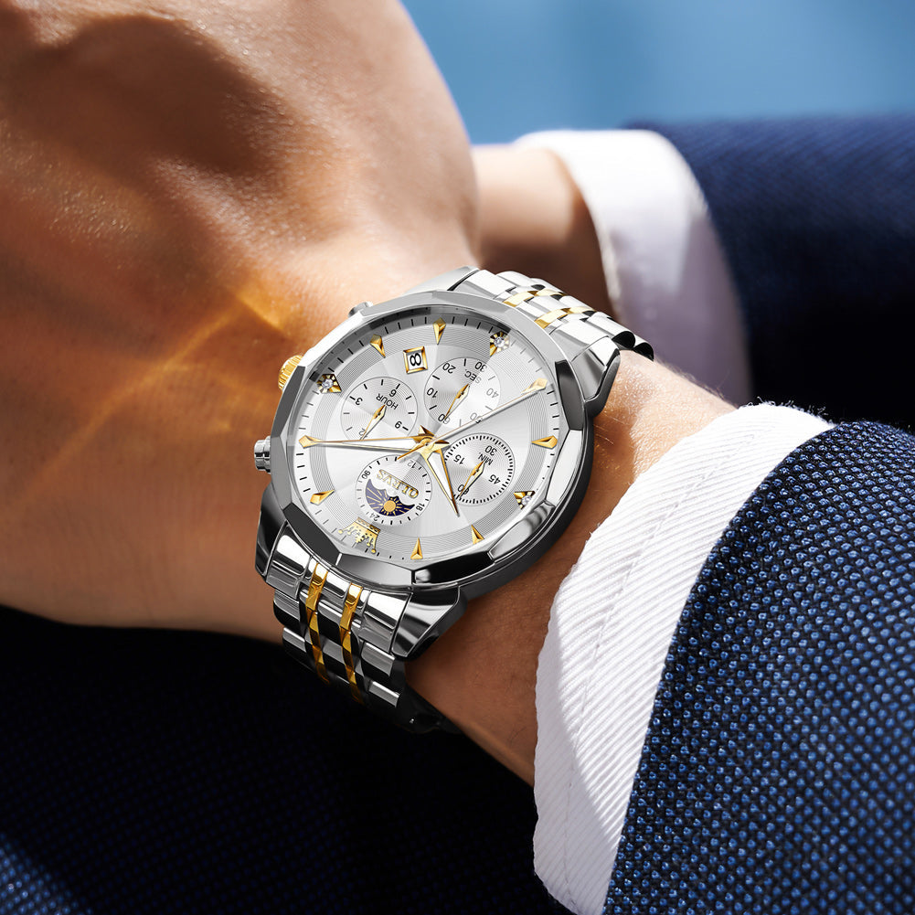 OLEVS 3673 Watches For Men Business Dress Luxury Casual Chronograph Multifunction Analog Quartz Stainless Steel Waterproof Luminous Moon Phase Date Men Wrist Watches Reloj Para Hombre