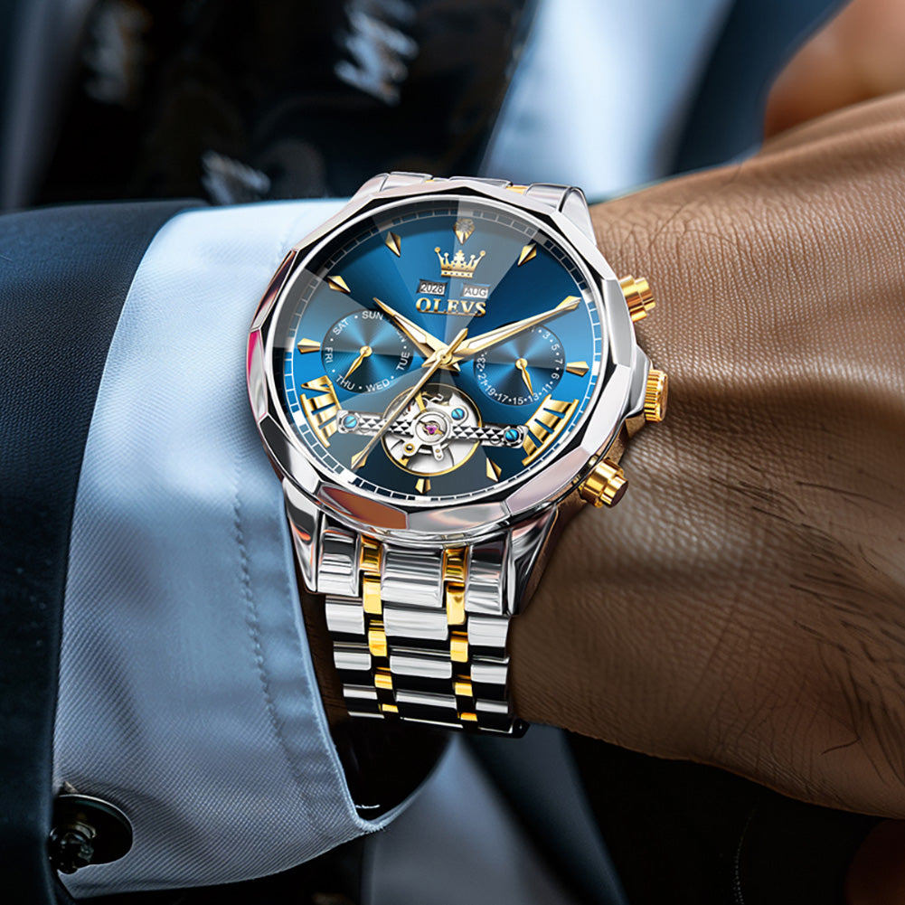 OLEVS 6619 Automatic Watches for Men Luxury Dress Waterproof Self Winding Mechanical Chronograph Diamond Stainless Steel Luminous Date Skeleton Tourbillon Mens Watches Gift Reloj Para Hombre