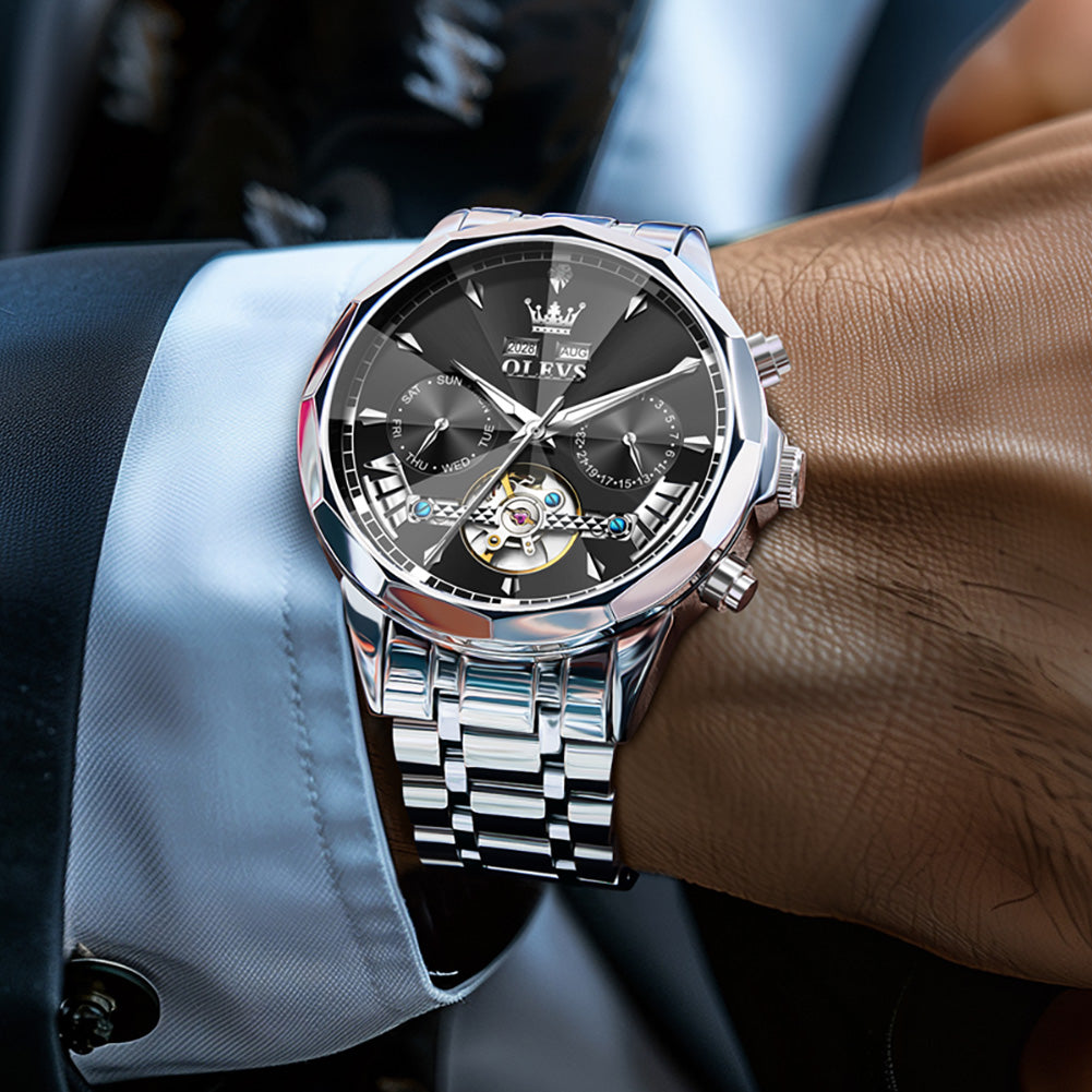 OLEVS 6619 Automatic Watches for Men Luxury Dress Waterproof Self Winding Mechanical Chronograph Diamond Stainless Steel Luminous Date Skeleton Tourbillon Mens Watches Gift Reloj Para Hombre