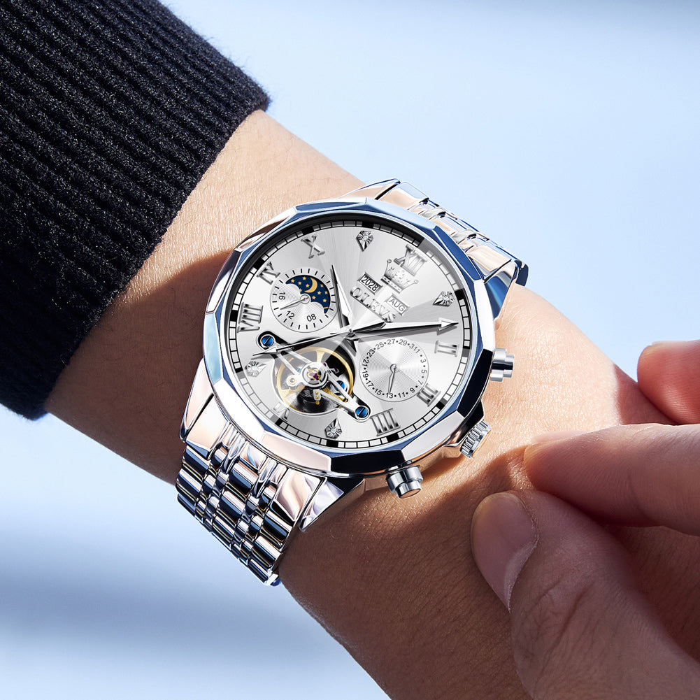 OLEVS 6620 Automatic Watches for Men Self Winding Mechanical Skeleton Luxury Dress Chronograph Gold Plated Stainless Steel Calendar Moon Phase Waterproof Luminous Mens Wrist Watches Reloj Para Hombre