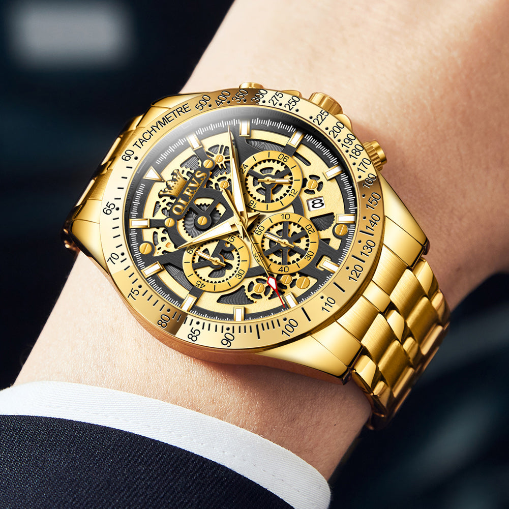 OLEVS 9913 Watches for Men Waterproof Luxury Dress Analog Quartz Chronograph Fashion Gold Plated Stainless Steel Luminous Date Classic Mens Wrist Watches Reloj Para Hombre Gold/White/Black Dial