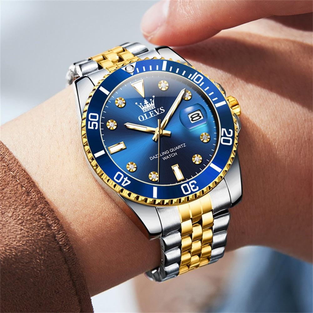 OLEVS 9809 Watch for Men Stainless Steel Business Dress Luxury Diamond Big Face Waterproof Mens Watches with Date Analog Wrist Men Watch Reloj para Hombre Gold Dial