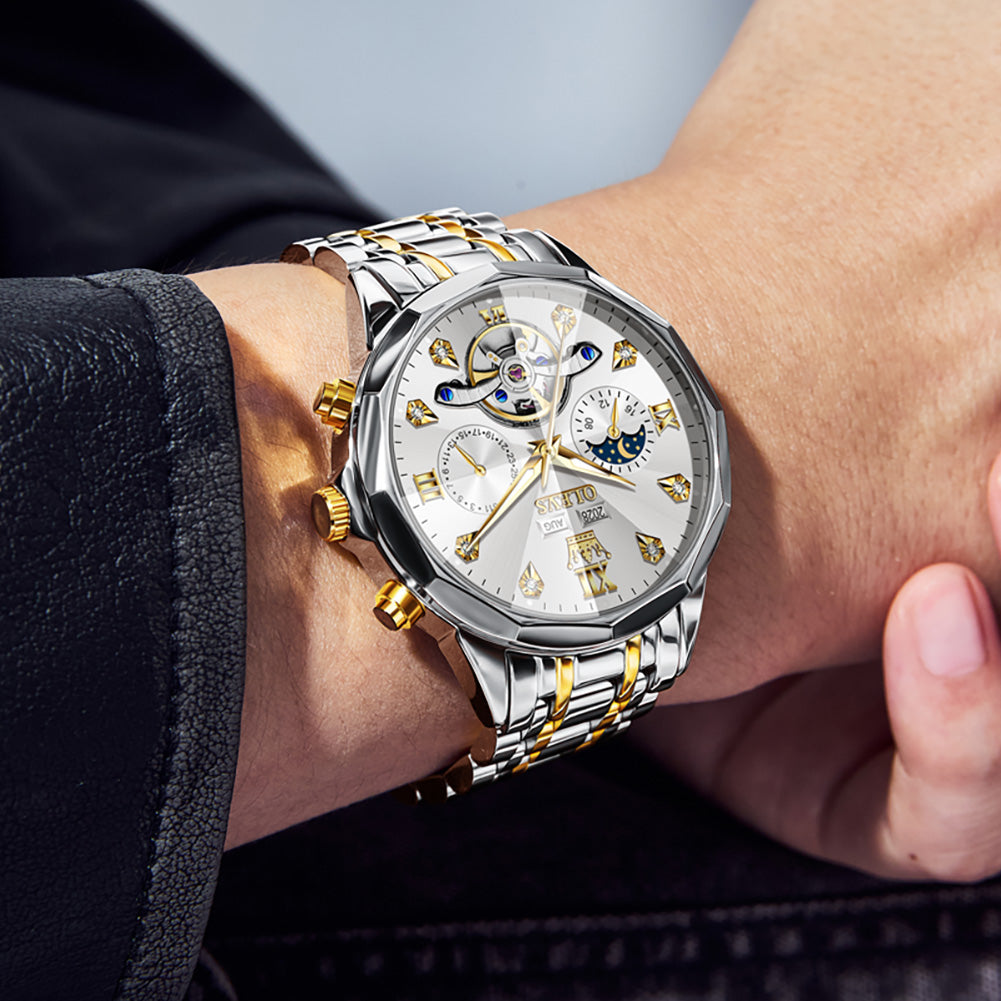 OLEVS 6621Automatic Watches for Men Luxury Dress Waterproof Self Winding Mechanical Moon Phase Chronograph Stainless Steel Luminous Diamond Date Skeleton Tourbillon Wristwatch for Men Reloj Para Hombre