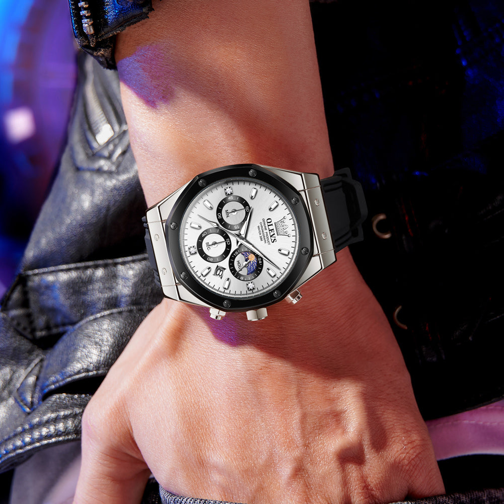 OLEVS 9911 Watches for Men Chronograph Waterproof Luxury Dress Quartz Silicon Strap Multifunction Moon Phase Business Calendar Luminous Men Wrist Watches Reloj Para Hombre Gray/Black/White