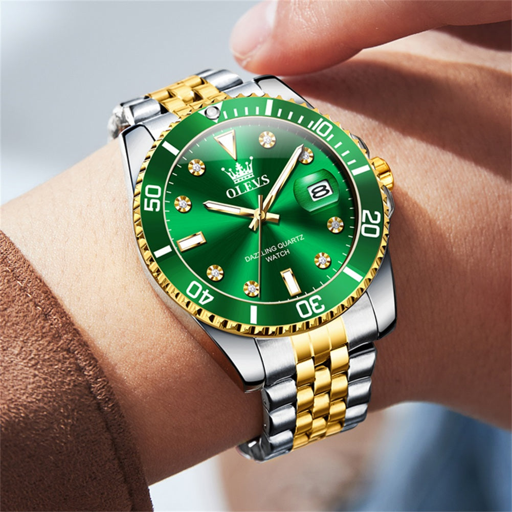 OLEVS 9809 Watch for Men Stainless Steel Business Dress Luxury Diamond Big Face Waterproof Mens Watches with Date Analog Wrist Men Watch Reloj para Hombre Gold Dial