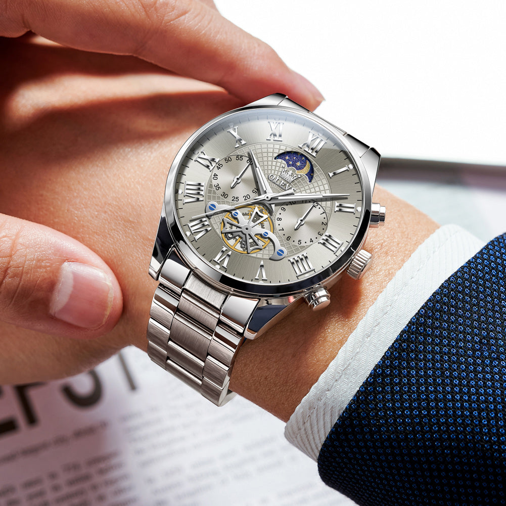 OLEVS 3640 Chronograph Watches for Men Waterproof Business Dress Analog Quartz Luxury Moon Phase Stainless Steel Roman Numeral Luminous Casual Mens Wrist Watches Reloj Para Hombre