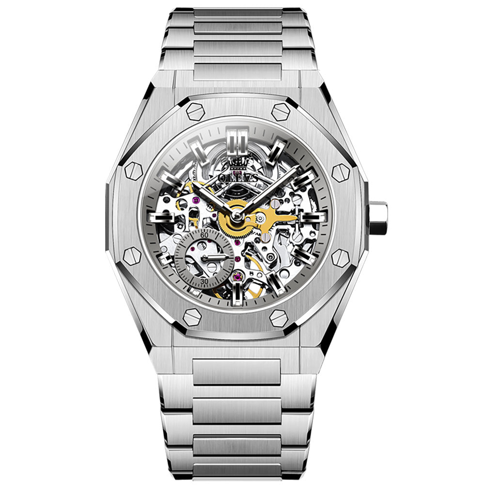 OLEVS 6669 Automatic Watches for Men Self Winding Mechanical Skeleton Luxury Dress Stainless Steel Waterproof Luminous Mens Wrist Watches Reloj Para Hombre
