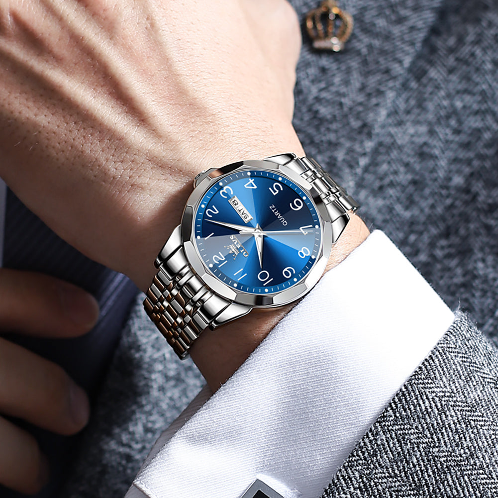 OLEVS 9970 Watches for men  Business Dress Luxury Casual Analog Quartz Stainless Steel Waterproof Luminous Date Men Wrist Watches reloj para hombre  Blue Dial