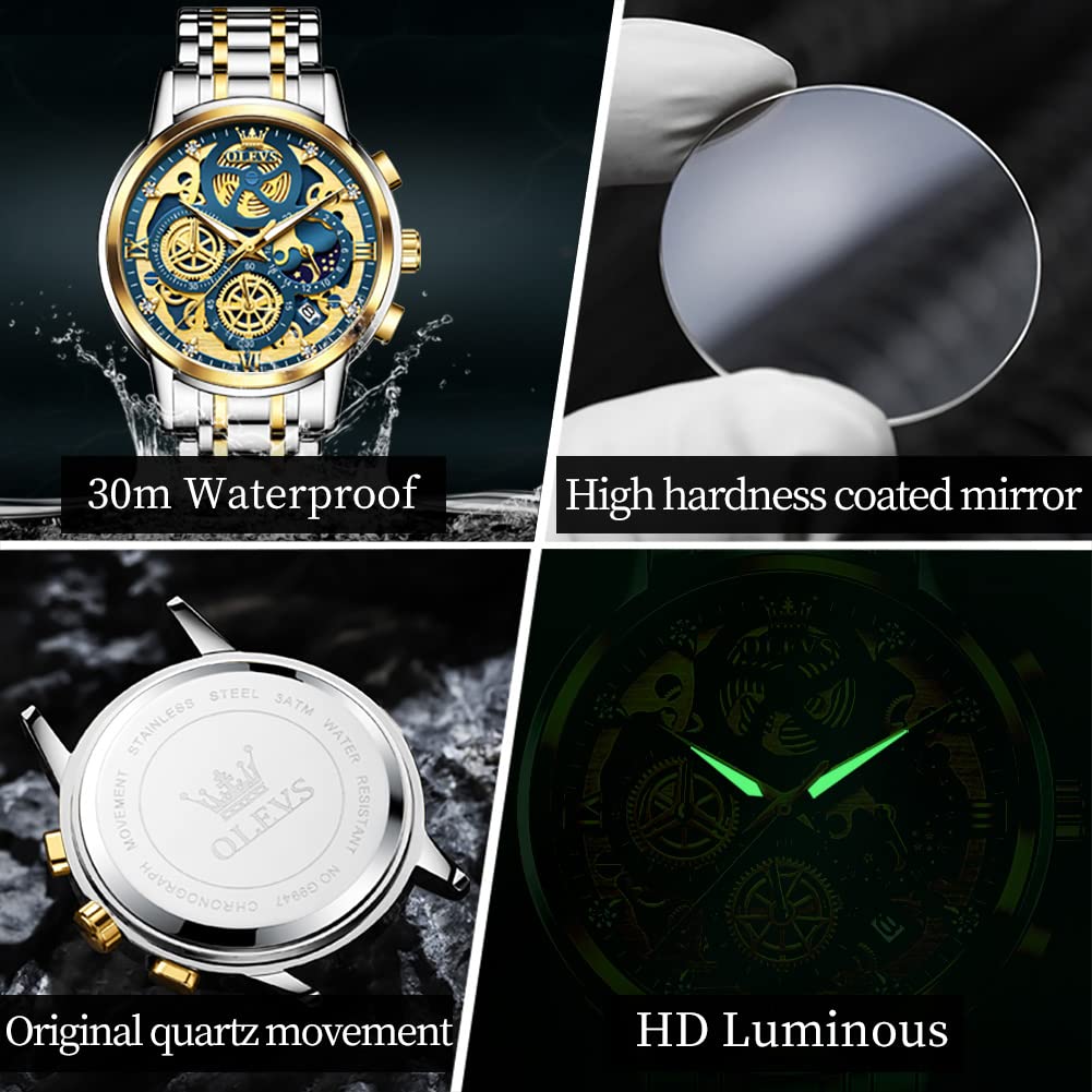 OLEVS 9947 Reloj para hombre Cronógrafo de lujo con diamantes para vestir negocios Analógico Cuarzo Relojes de pulsera Acero inoxidable Resistente al agua Luminoso