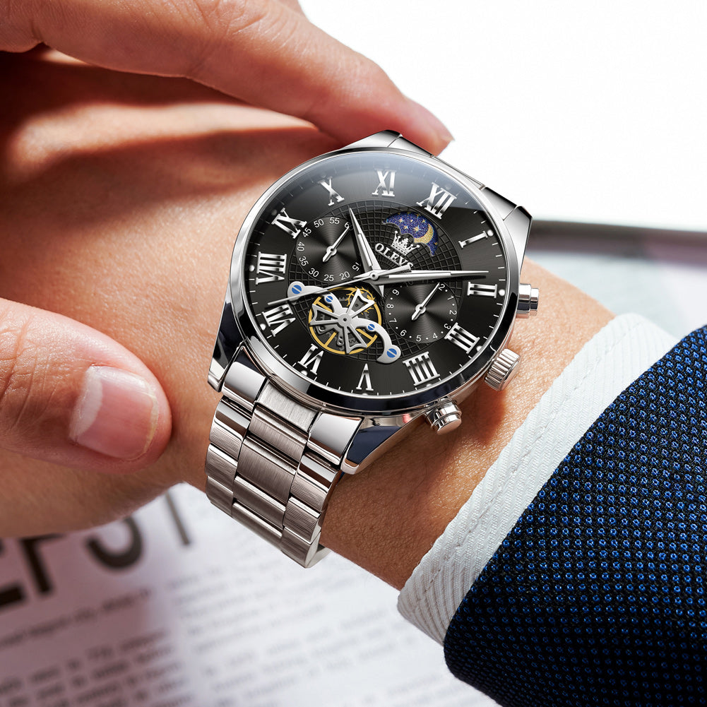 OLEVS 3640 Chronograph Watches for Men Waterproof Business Dress Analog Quartz Luxury Moon Phase Stainless Steel Roman Numeral Luminous Casual Mens Wrist Watches Reloj Para Hombre