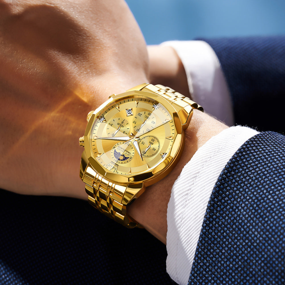 OLEVS 3673 Watches For Men Business Dress Luxury Casual Chronograph Multifunction Analog Quartz Stainless Steel Waterproof Luminous Moon Phase Date Men Wrist Watches Reloj Para Hombre
