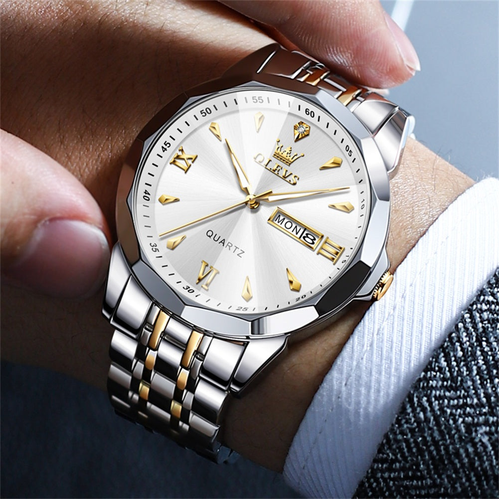 OLEVS 9998 Watches for Men Diamond Business Dress Classic Casual Analog Quartz Stainless Steel Waterproof Luminous Date Men Wrist Watches Reloj Para Hombre White Dial