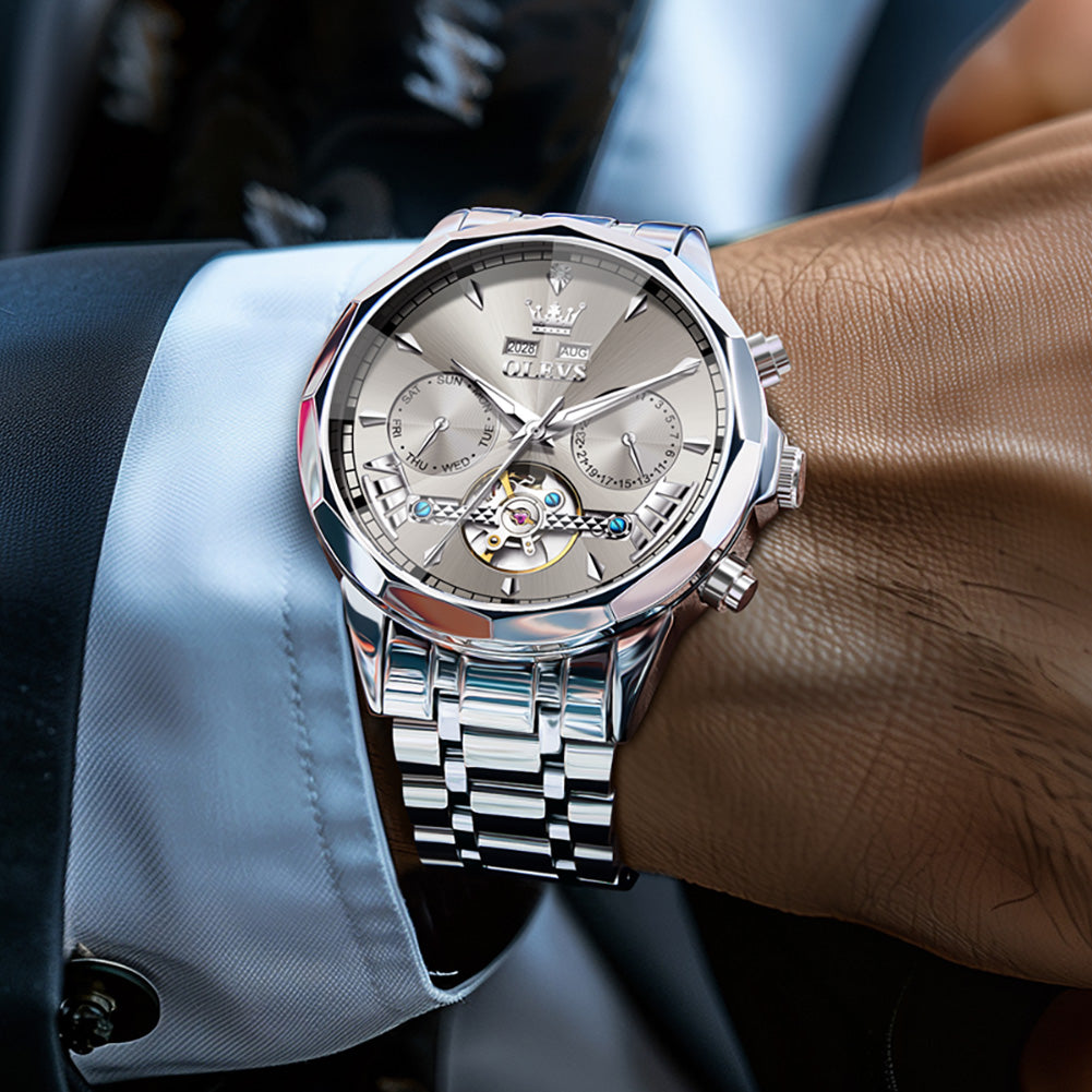 OLEVS 6619 Automatic Watches for Men Luxury Dress Waterproof Self Winding Mechanical Chronograph Diamond Stainless Steel Luminous Date Skeleton Tourbillon Mens Watches Gift Reloj Para Hombre