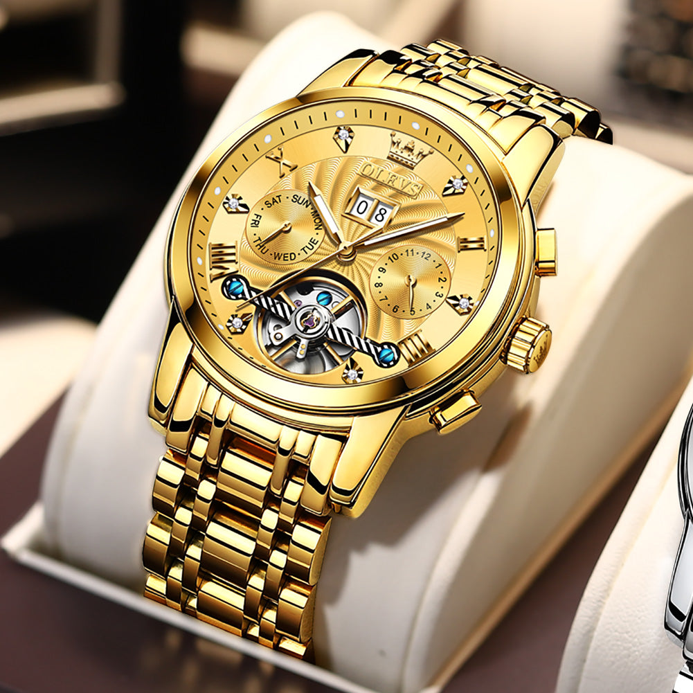 OLEVS 9910 Automatic Watches for Men Gold Luxury Dress Wrist Watch Self Winding Mechanical Skeleton Tourbillon Watch