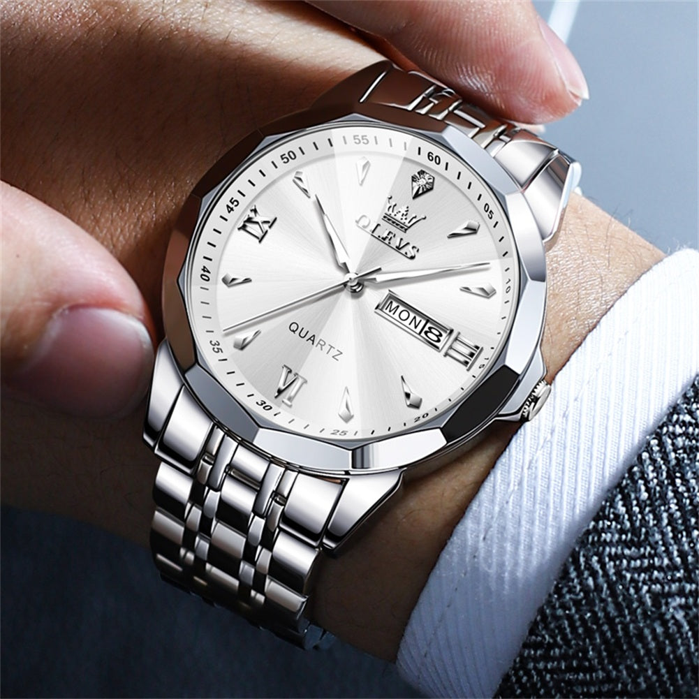 OLEVS 9998 Watches for Men Diamond Business Dress Classic Casual Analog Quartz Stainless Steel Waterproof Luminous Date Men Wrist Watches Reloj Para Hombre White Dial