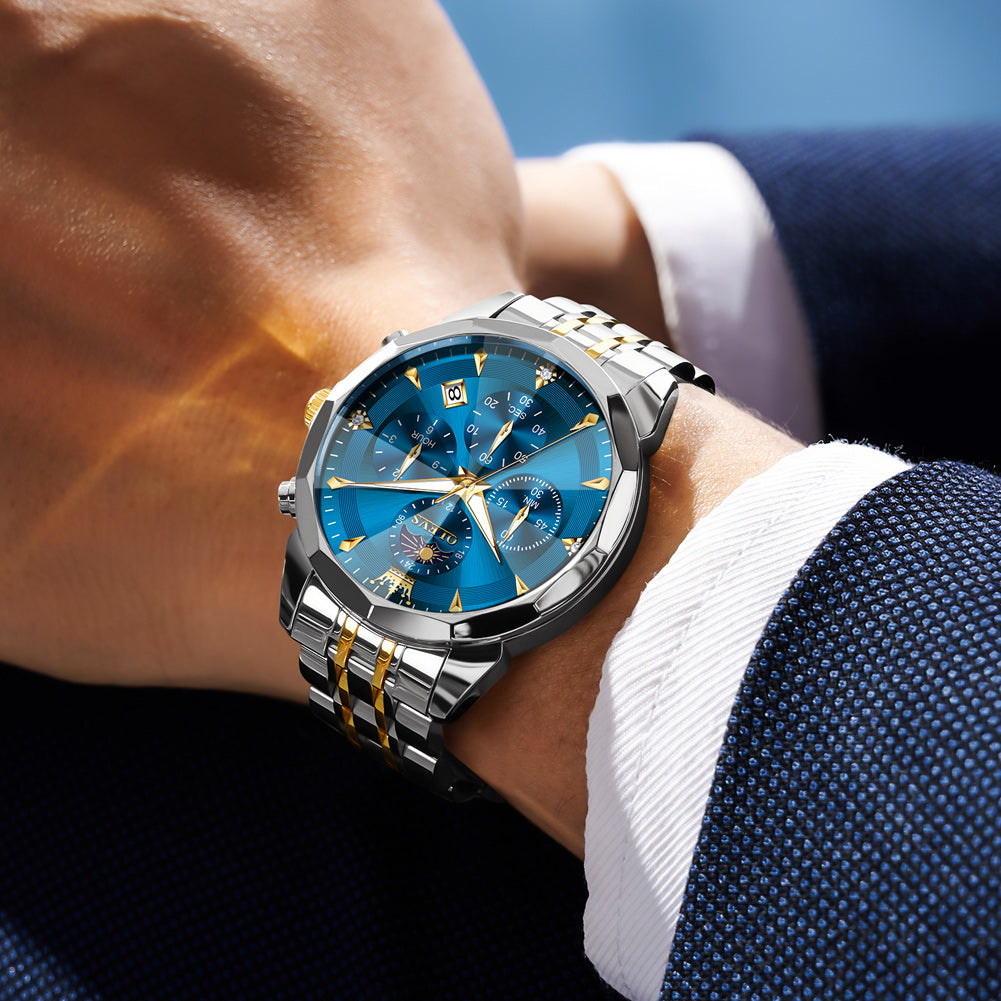 OLEVS 3673 Watches For Men Business Dress Luxury Casual Chronograph Multifunction Analog Quartz Stainless Steel Waterproof Luminous Moon Phase Date Men Wrist Watches Reloj Para Hombre