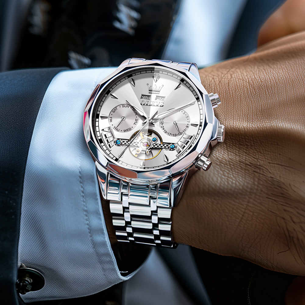 OLEVS 6619 Automatic Watches for Men Luxury Dress Waterproof Self Winding Mechanical Chronograph Diamond Stainless Steel Luminous Date Skeleton Tourbillon Mens Watches Gift Reloj Para Hombre