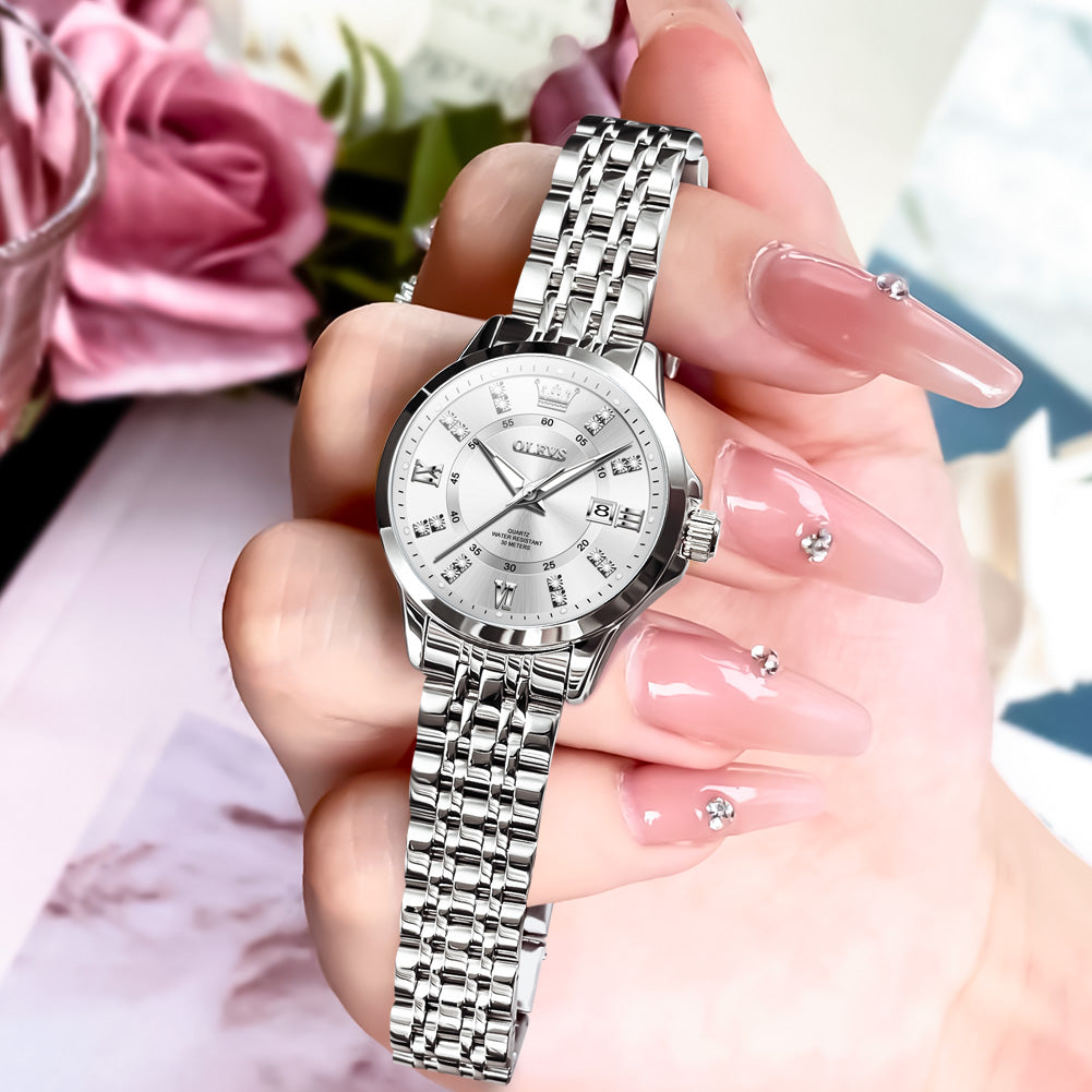 OLEVS 3620 Women's Quartz Watch, Elegant Design with Diamond Accents, Roman Numerals, Calendar, Waterproof, Perfect Gift