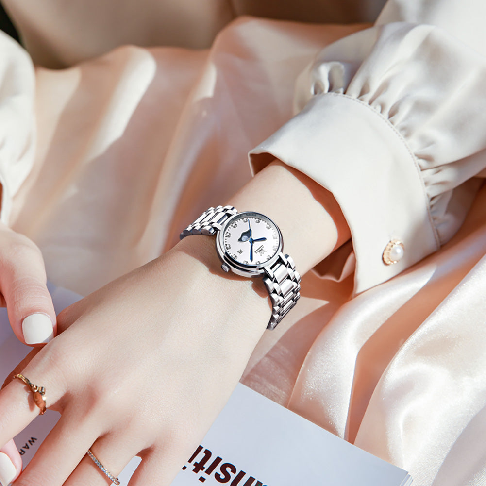 OLEVS 5573 Women's Quartz Watch with Arabic numerals and Diamond Dial Design, Blue Hands, Date Display, 3ATM Water Resistance