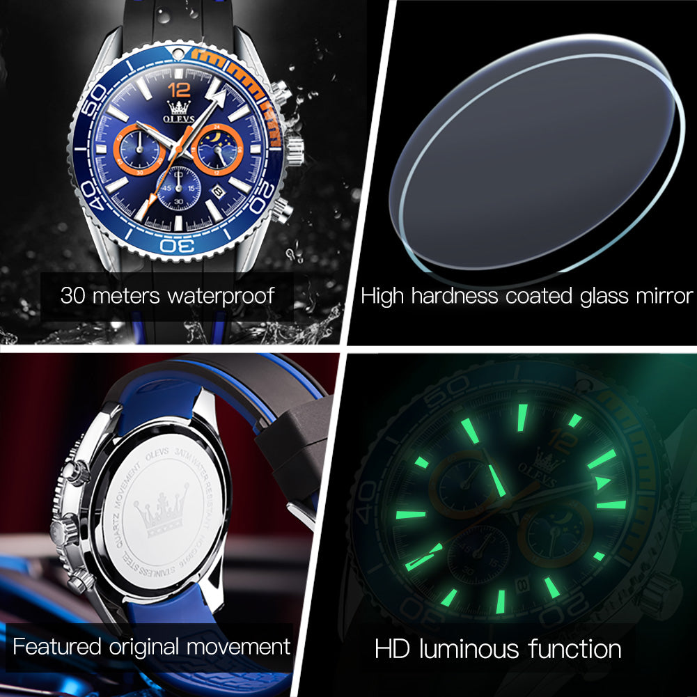 OLEVS 9916 Mens Watches Chronograph Waterproof Luminous Silicon Strap Multifunction Watches for Men Quartz Business Calendar Men Wrist Watch