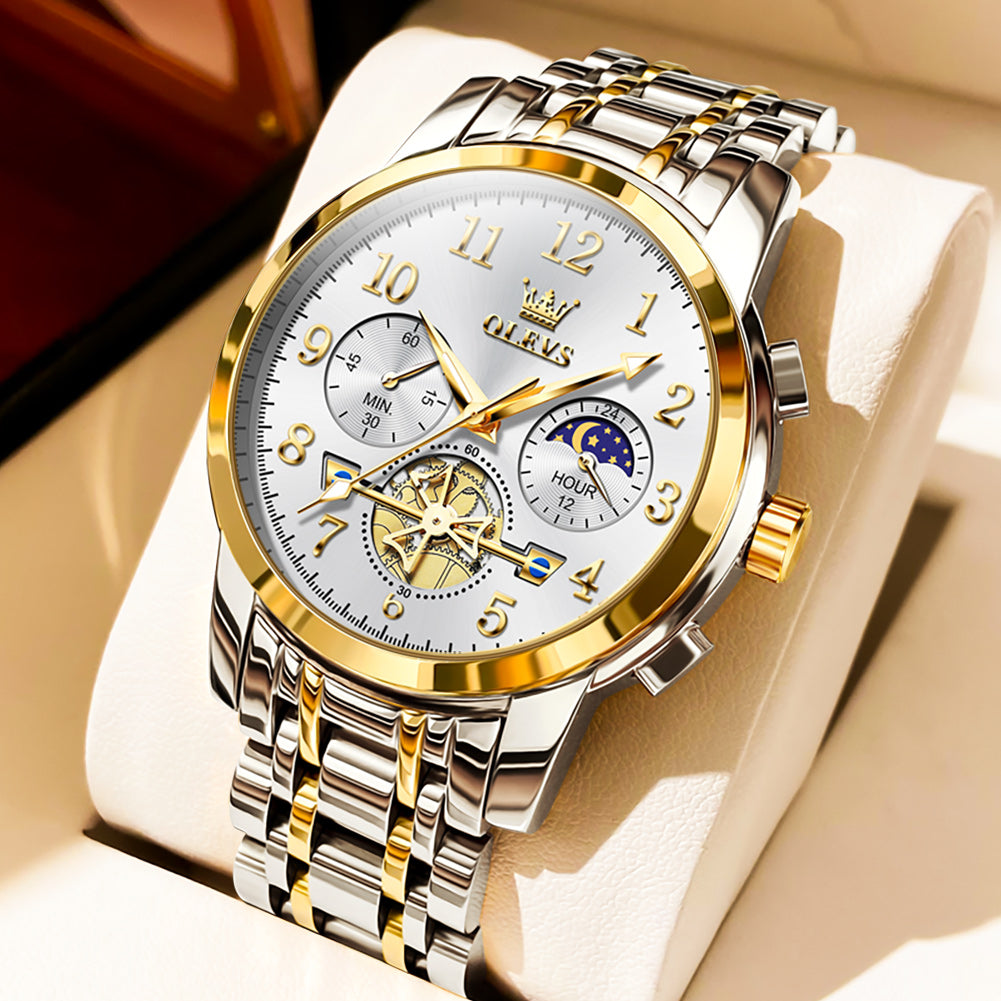 OLEVS 2900 Men's Quartz Watch with Numerals, 24-Hour and Moon Phase Sub-Dials, Chronograph, Perfect Gift