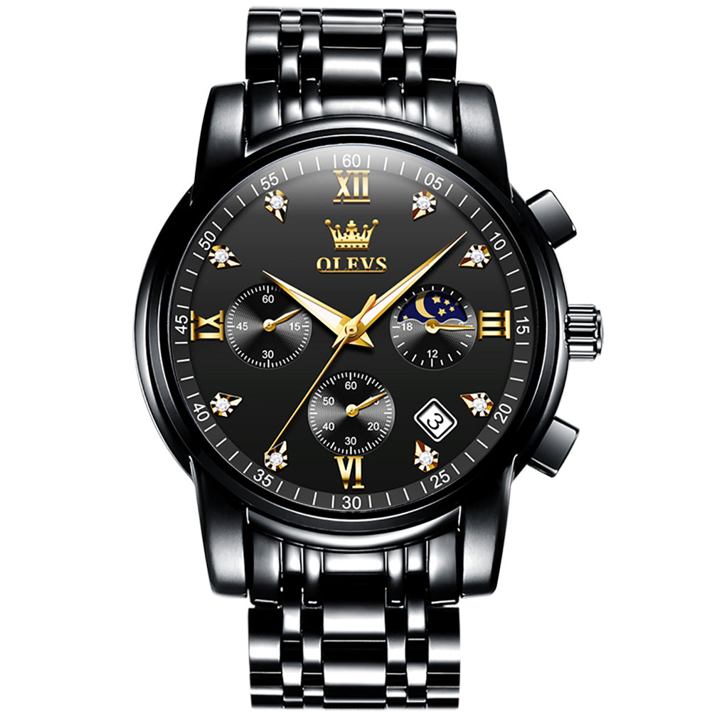 OLEVS 2858 Men's Watch, Business Chronograph Formal Stainless Steel Watch, Pointer Quartz Waterproof Luminous Men's Watch, Black and Blue Tone Stylish Holiday Gift