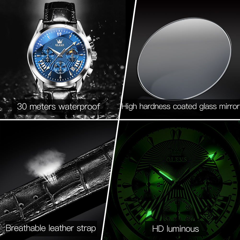 OLEVS 2876 Men  Watch Brown Leather Classic Analog Quartz Watch Week Date Casual Luminous Black/Blue/White Dial 3ATM Waterproof Wrist Watch